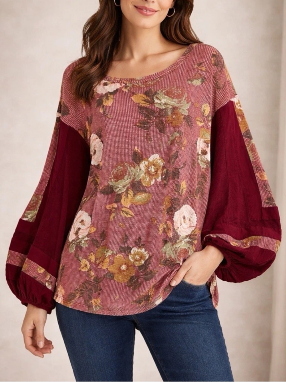 Free People Flower Patch Balloon Sleeve Waffle Knit Shirt